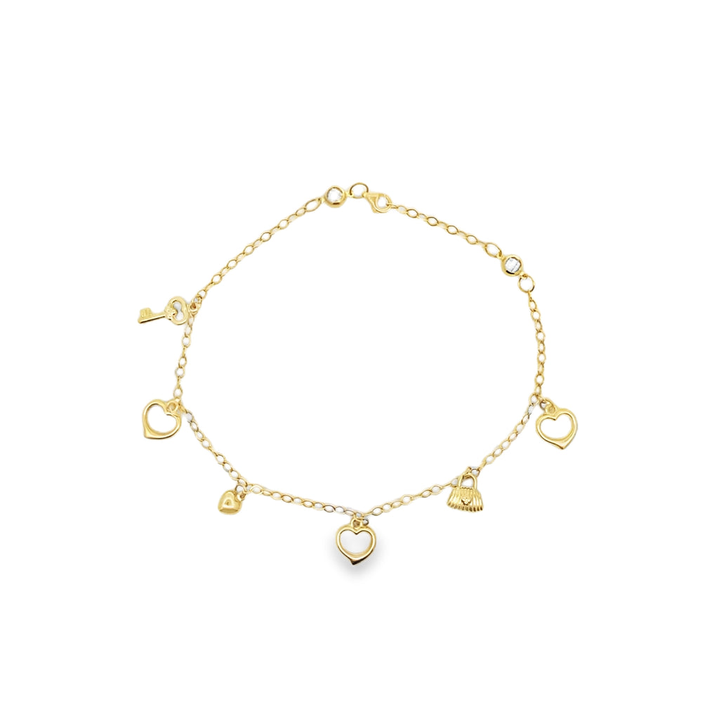 10K Yellow Gold Six Charms Freeform Link Anklet 10In 2.7Dwt
