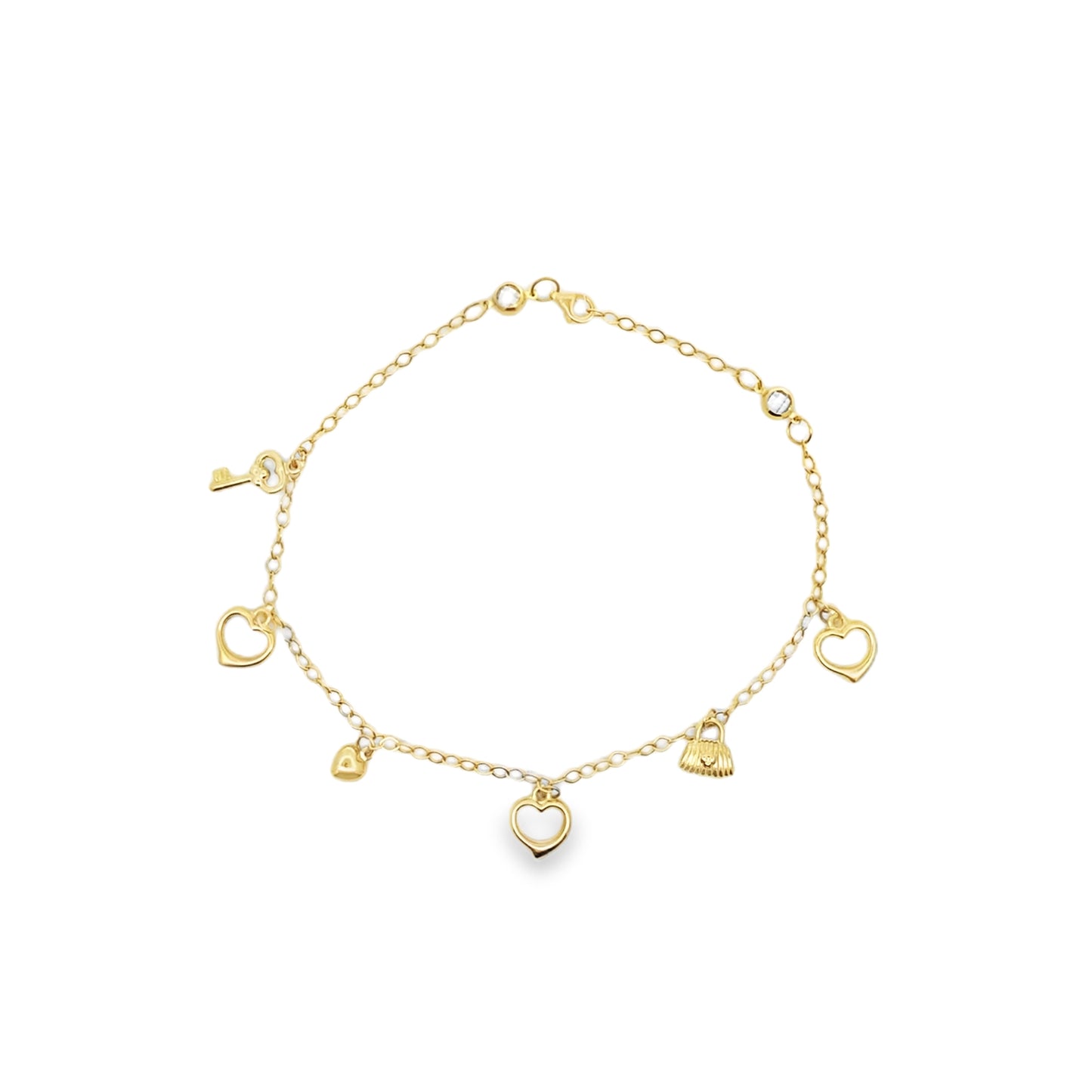10K Yellow Gold Six Charms Freeform Link Anklet 10In 2.7Dwt