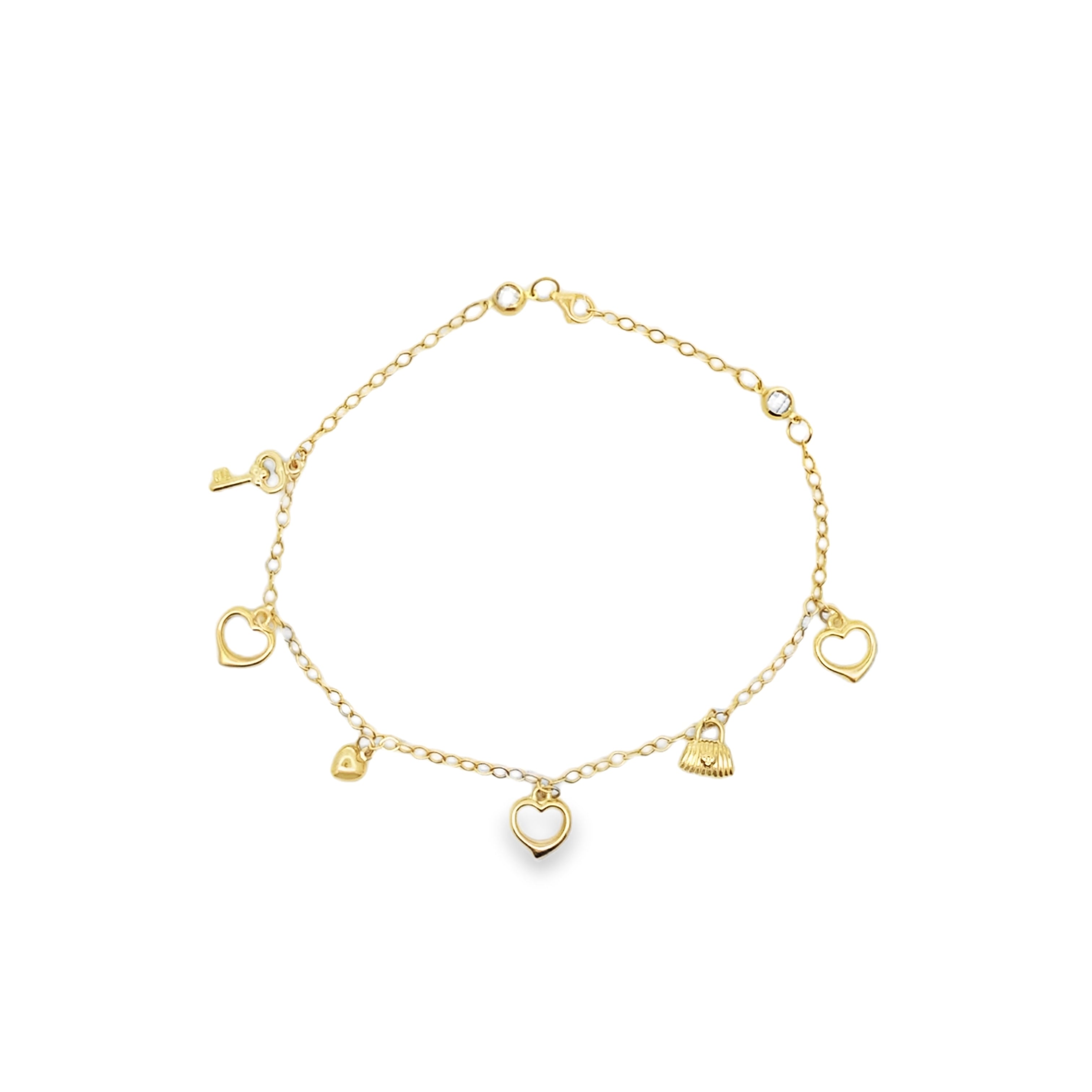 10K Yellow Gold Six Charms Freeform Link Anklet 10In 2.7Dwt