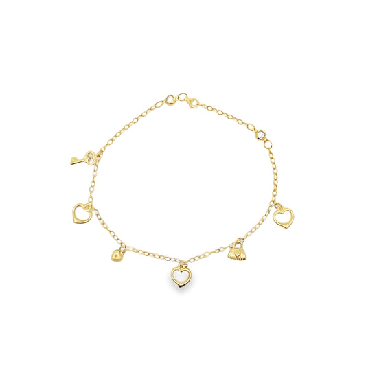 10K Yellow Gold Six Charms Freeform Link Anklet 10In 2.7Dwt