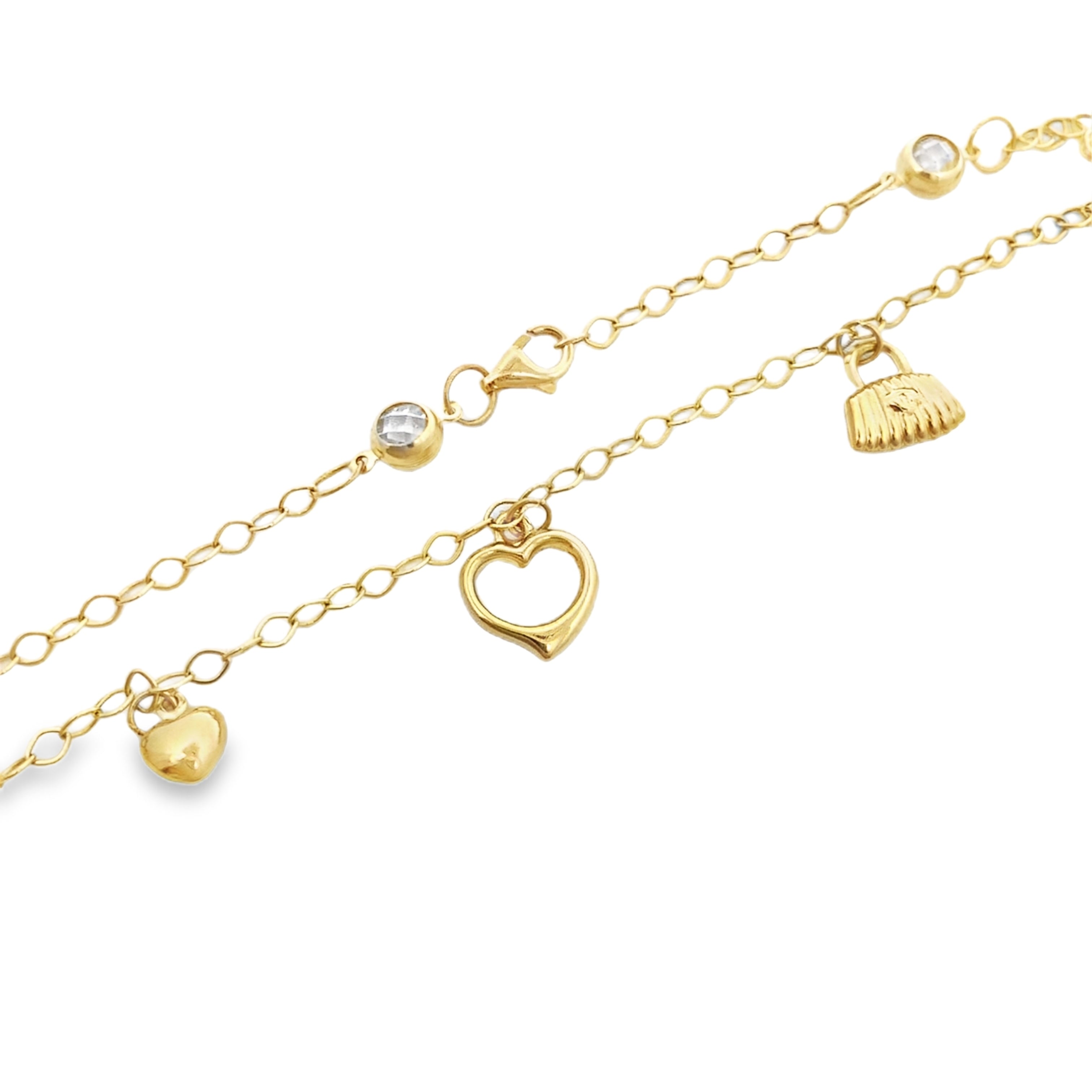 10K Yellow Gold Six Charms Freeform Link Anklet 10In 2.7Dwt