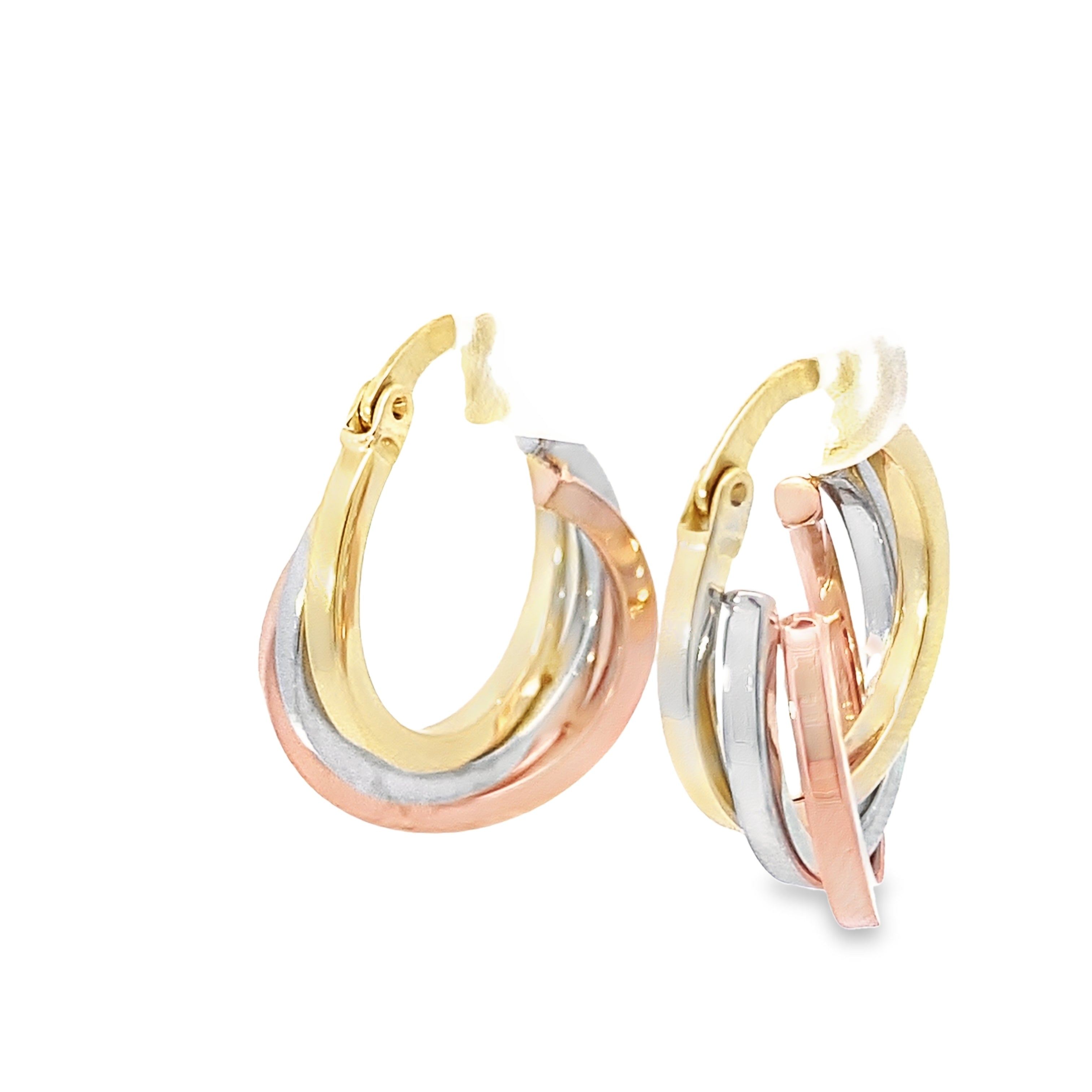 14K Yellow Gold Tri Color 3 Layer Hoop Earrings