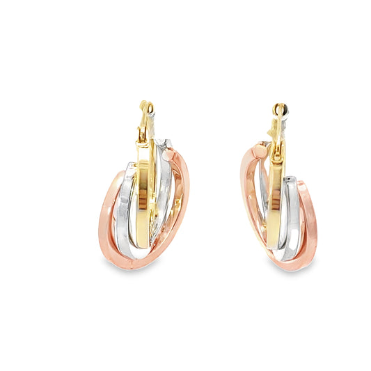14K Yellow Gold Tri Color 3 Layer Hoop Earrings