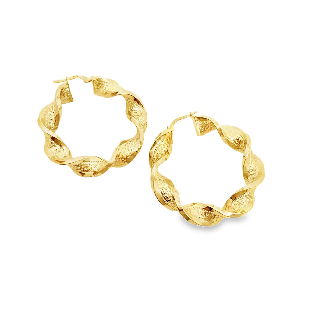 14K Yellow Gold Twisted Greek Key Design Large Hoop Earrings 4.0Dwt