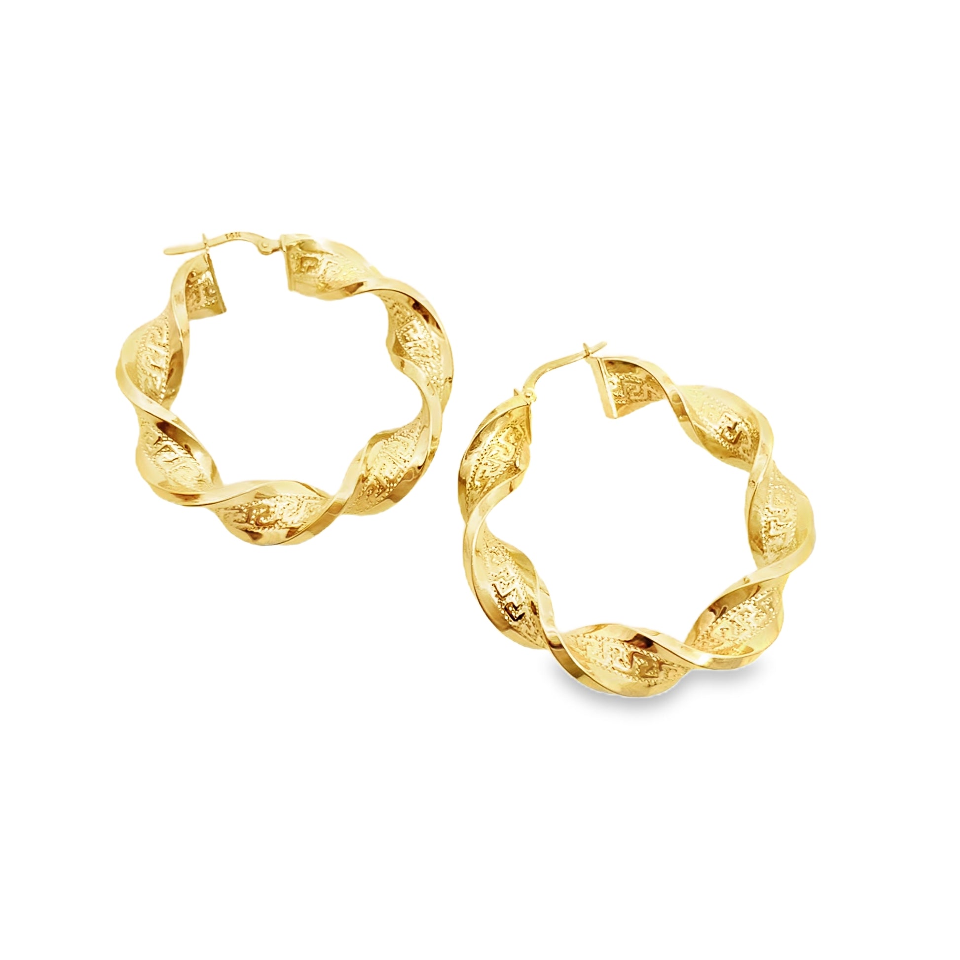 14K Yellow Gold Twisted Greek Key Design Large Hoop Earrings 4.0Dwt