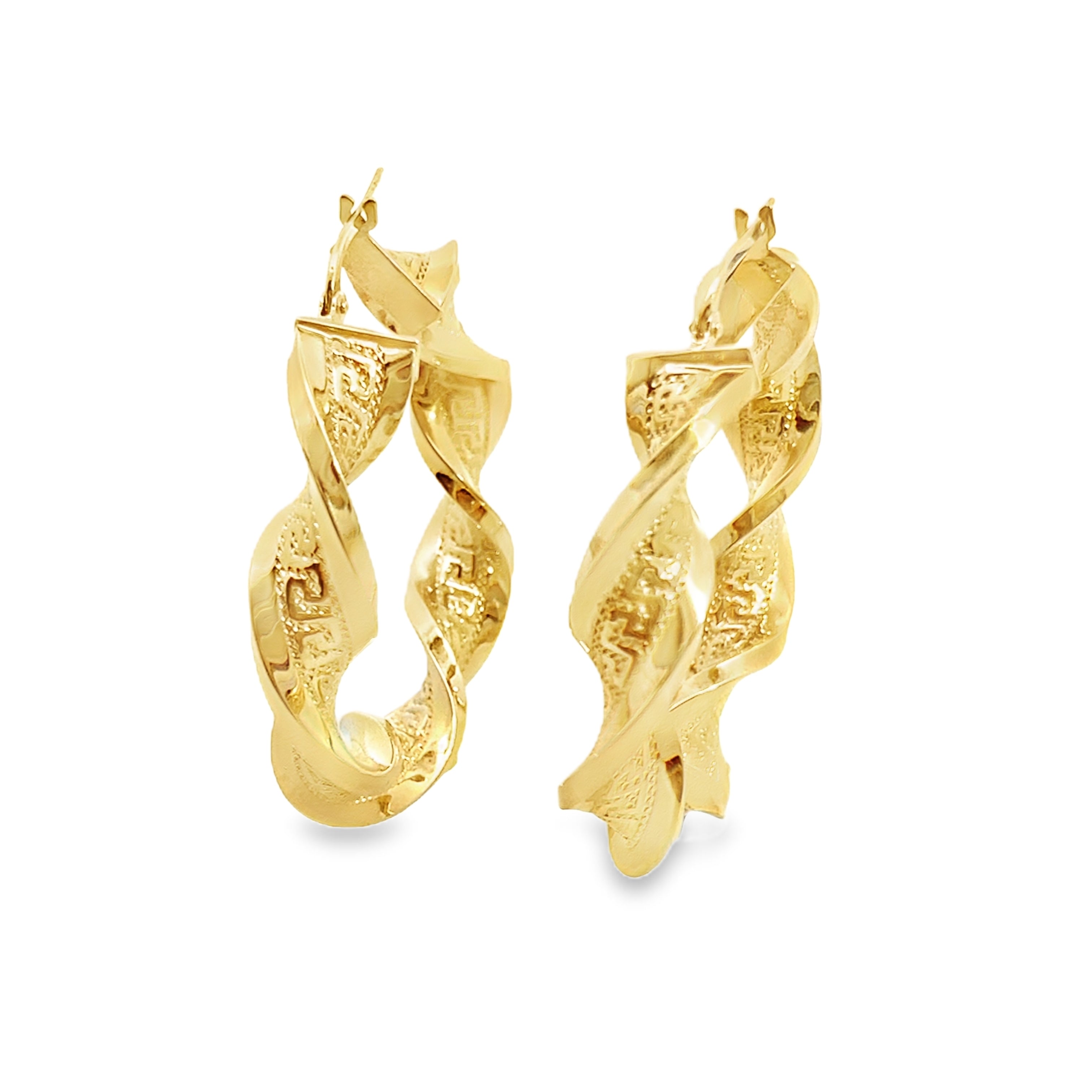 14K Yellow Gold Twisted Greek Key Design Large Hoop Earrings 4.0Dwt