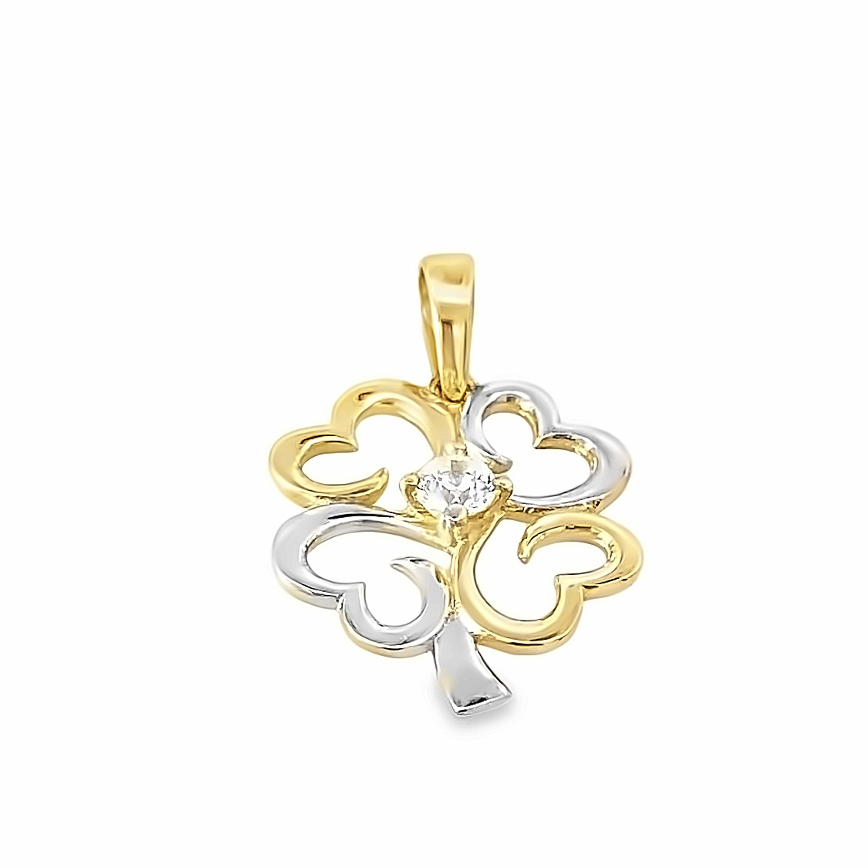10K Two Tone Heart Cubic Zirconia Four Leaf Clover Pendant 0.6Dwt