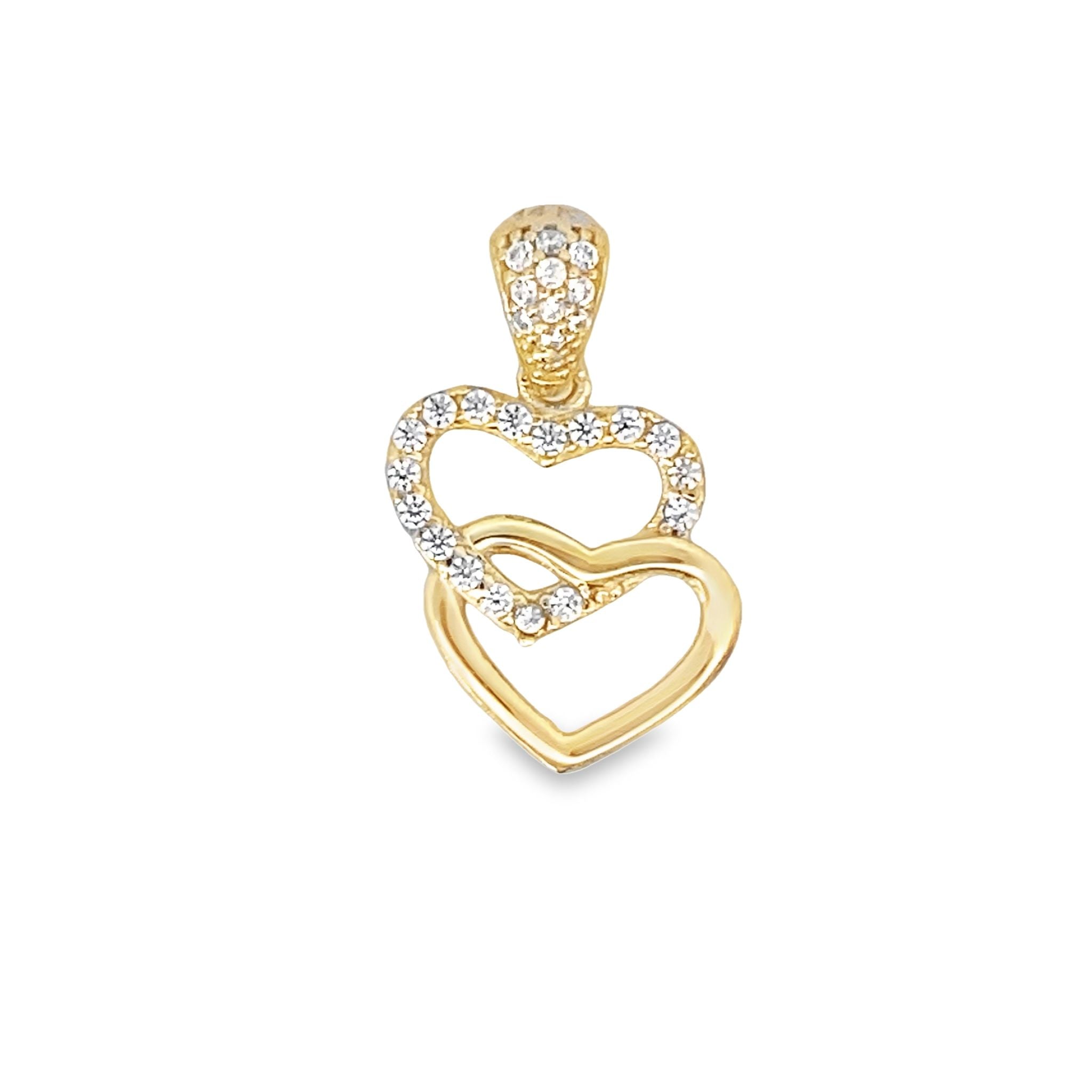 14K Yellow Gold Cz Double Hearts Pendant 1.0Dwt