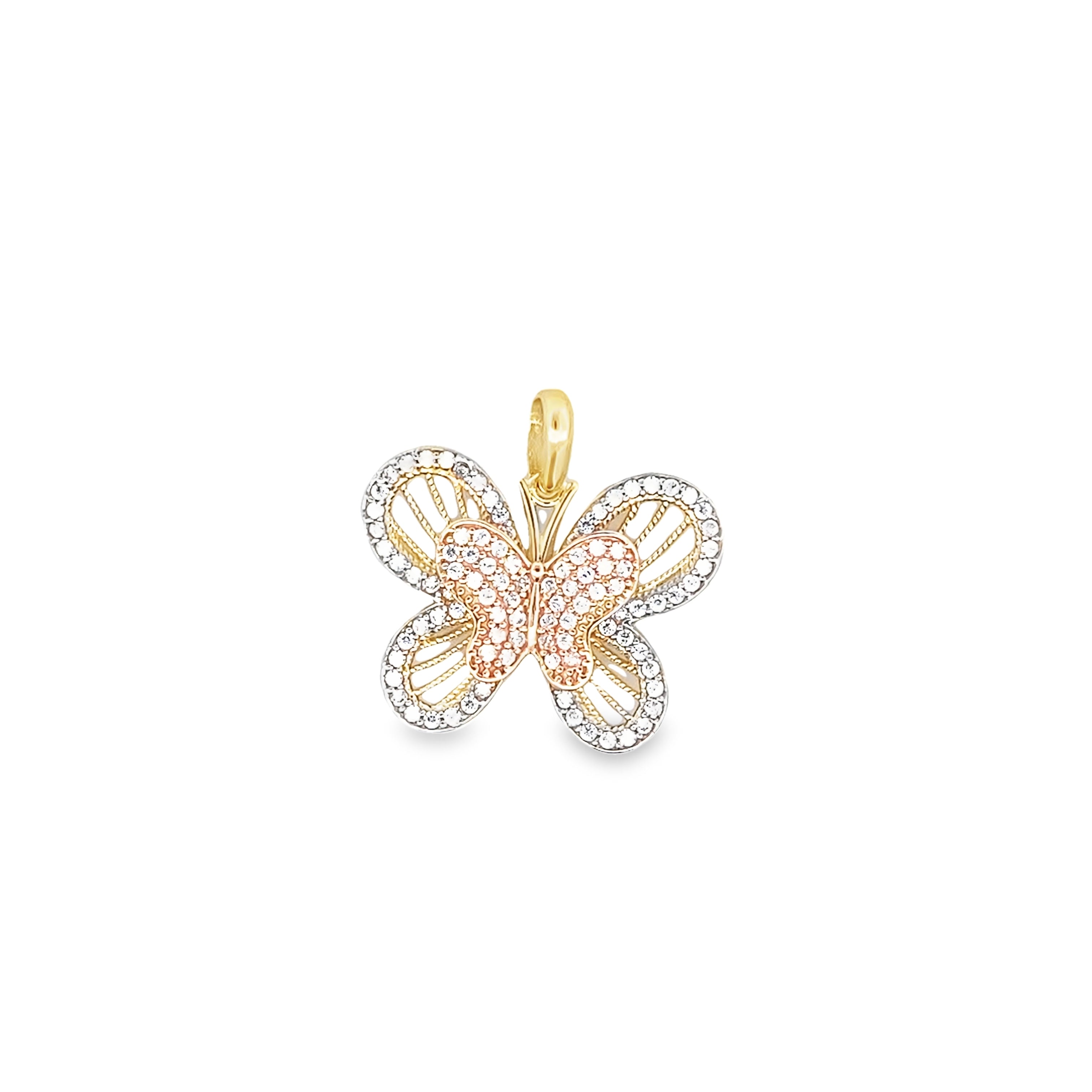 14K Tri Color 3D Cz Butterfly Pendant 2.1Dwt