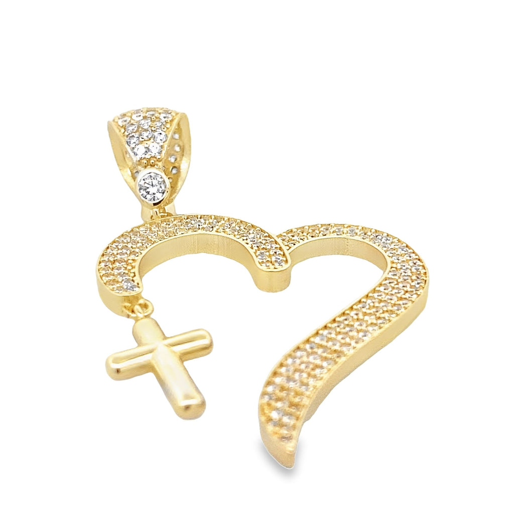 14K Yellow Gold Cz Heart Cross Pendant 3.2Dwt