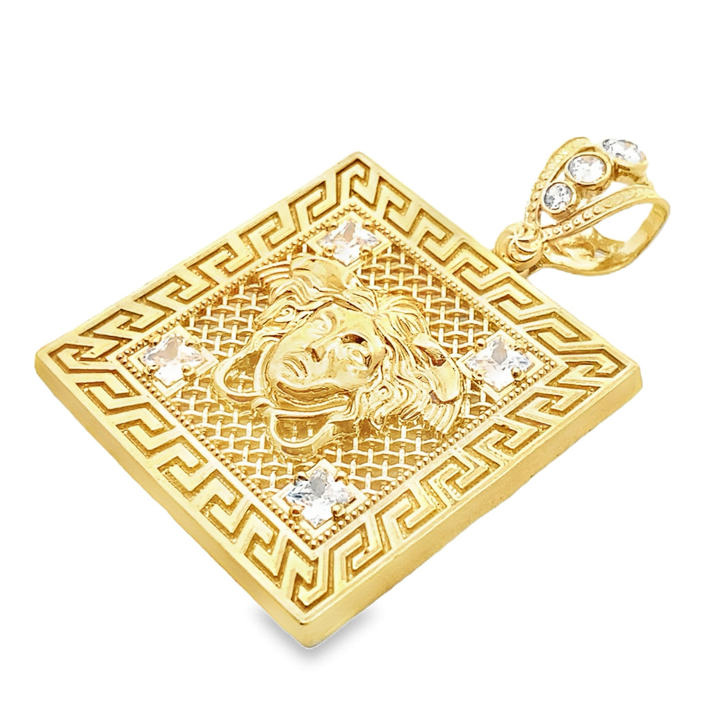 10K Yellow Gold Cz Square Medusa Style Pendant 7.1Dwt