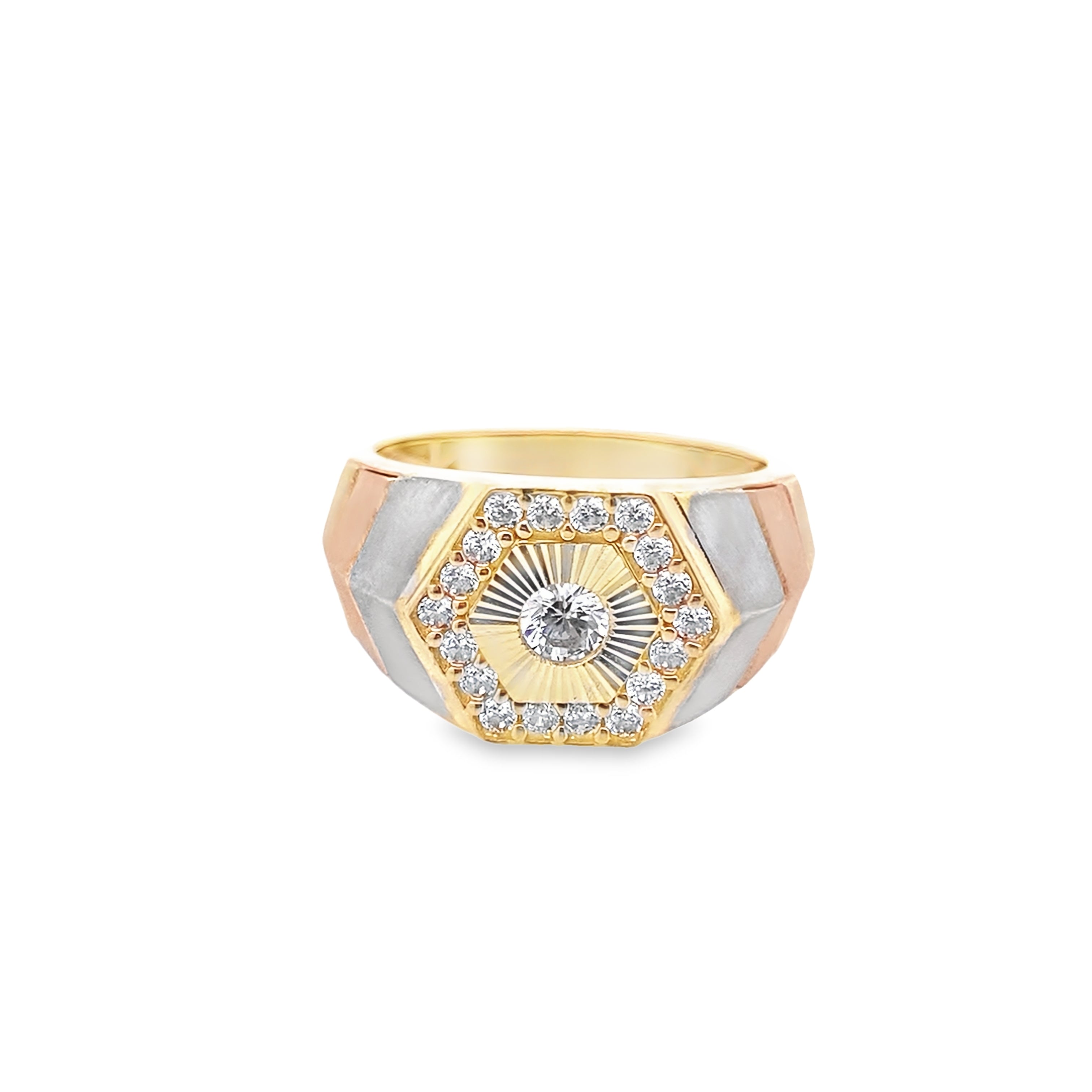 14K Tri Color Mens Cz Hexagonal Ring Size 10 3.8Dwt