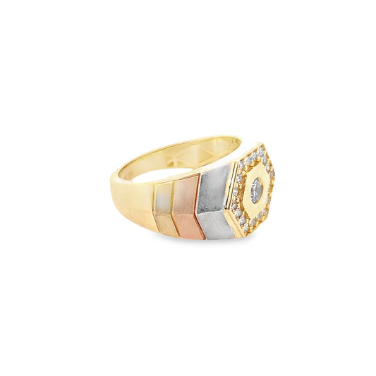 14K Tri Color Mens Cz Hexagonal Ring Size 10 3.8Dwt