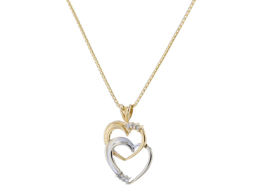 14K Two Tone Gold Diamond Doble Heart Necklace 16.5In 2.3Dwt