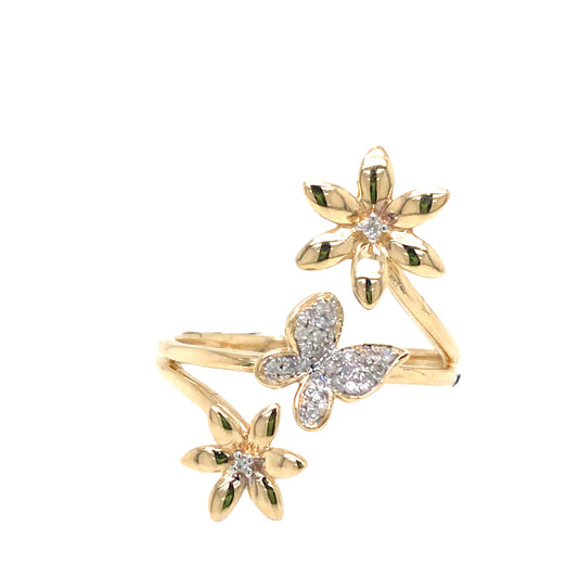 0.09Ctw 14K Yellow Gold Flower & Diamond Butterfly Ring Size 7 1.9Dwt