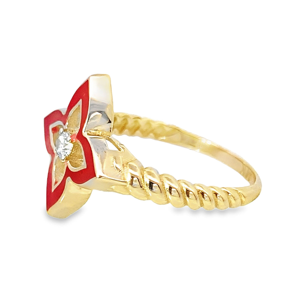 14K Yellow Gold Ladies Flower Enamel Ring Size 7.5 1.7Dwt