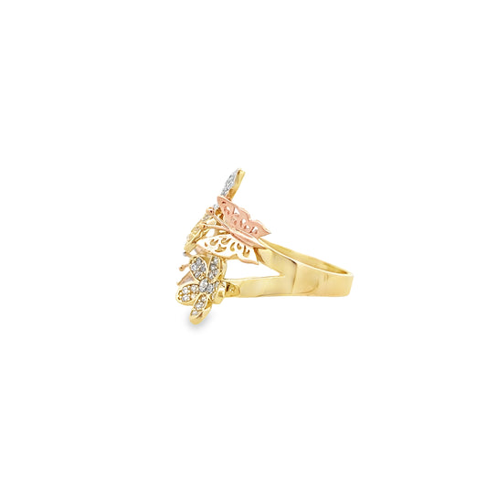 14K Tri Color Gold Cz Flower & Butterflies Ring Size 7 2.6Dwt