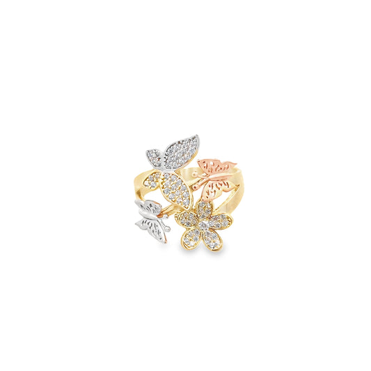 14K Tri Color Gold Cz Flower & Butterflies Ring Size 7 2.6Dwt