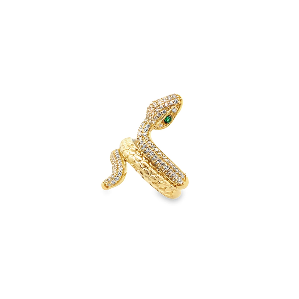 14K Yellow Gold Lds Cz Snake With Green Eyes Ring Size 7 3.0Dwt