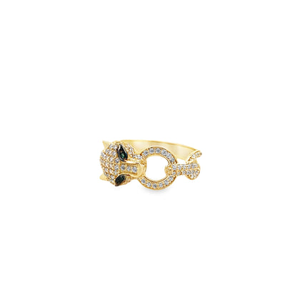 14K Yellow Gold Cz Panther With Green Eyes Ring Size 7 2.6Dwt