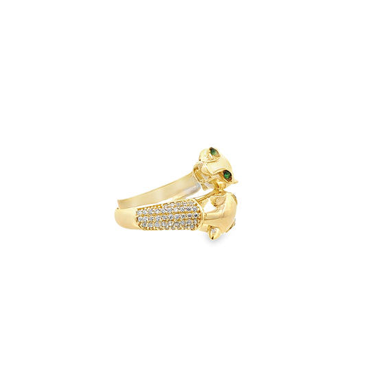 14K Yellow Gold Cz Double Panther With Green Eyes Ring Size 7 3.2Dwt