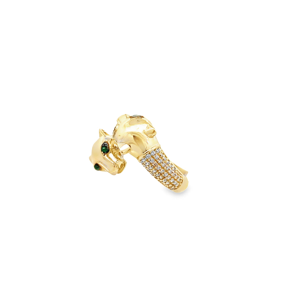 14K Yellow Gold Cz Double Panther With Green Eyes Ring Size 7 3.2Dwt