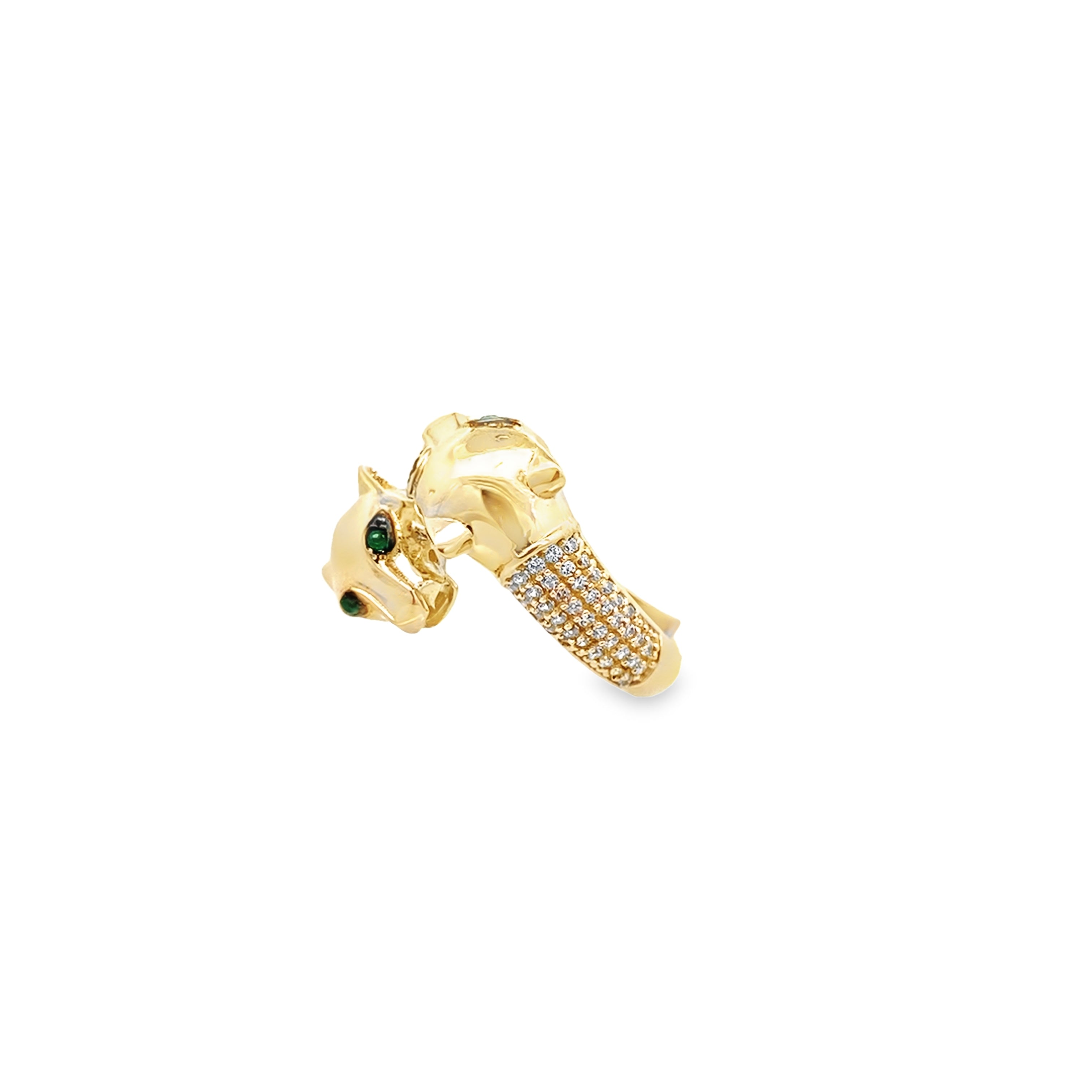 14K Yellow Gold Cz Double Panther With Green Eyes Ring Size 7 3.2Dwt