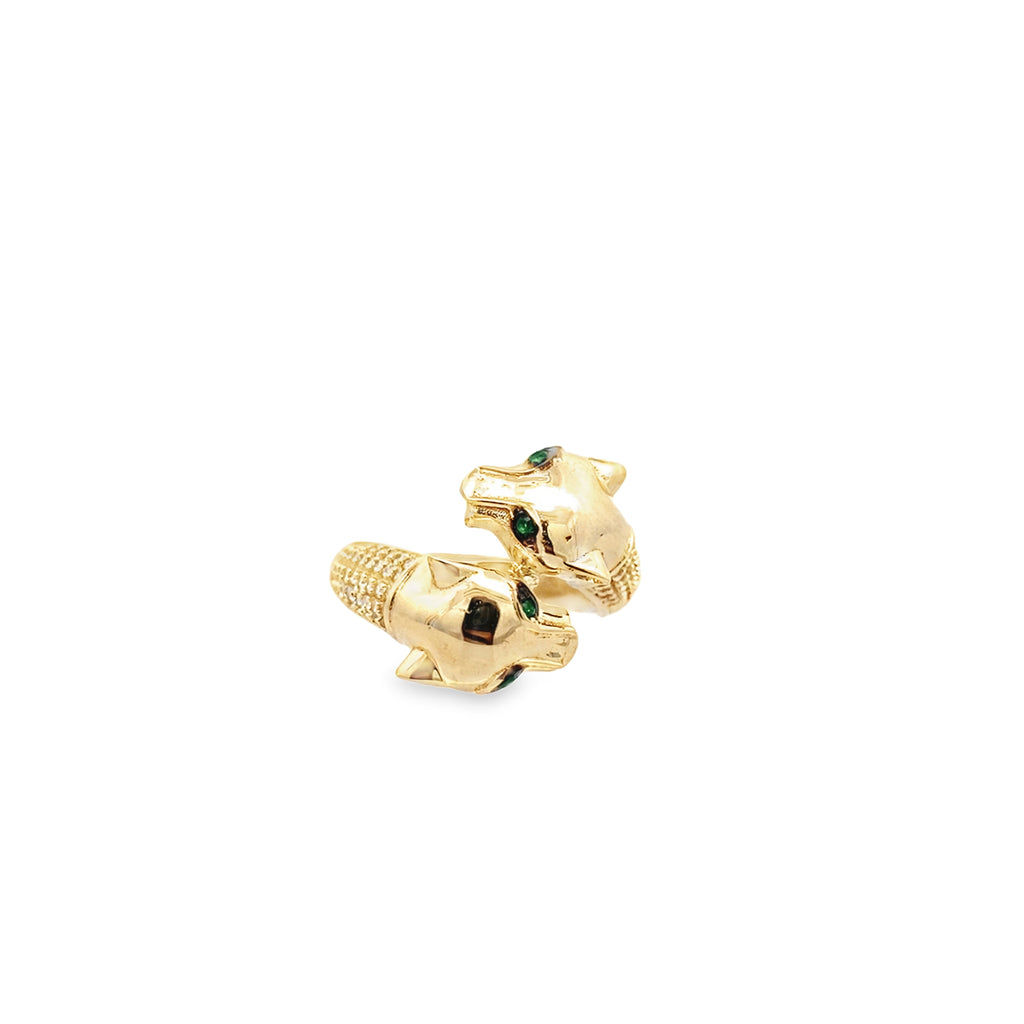 14K Yellow Gold Cz Double Panther With Green Eyes Ring Size 7 3.2Dwt