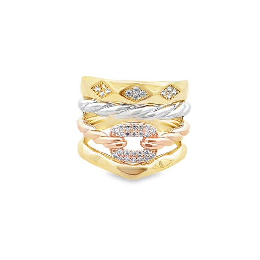 14K Tri Color Gold Cz Lds Fashion Ring Size 8 4.3Dwt