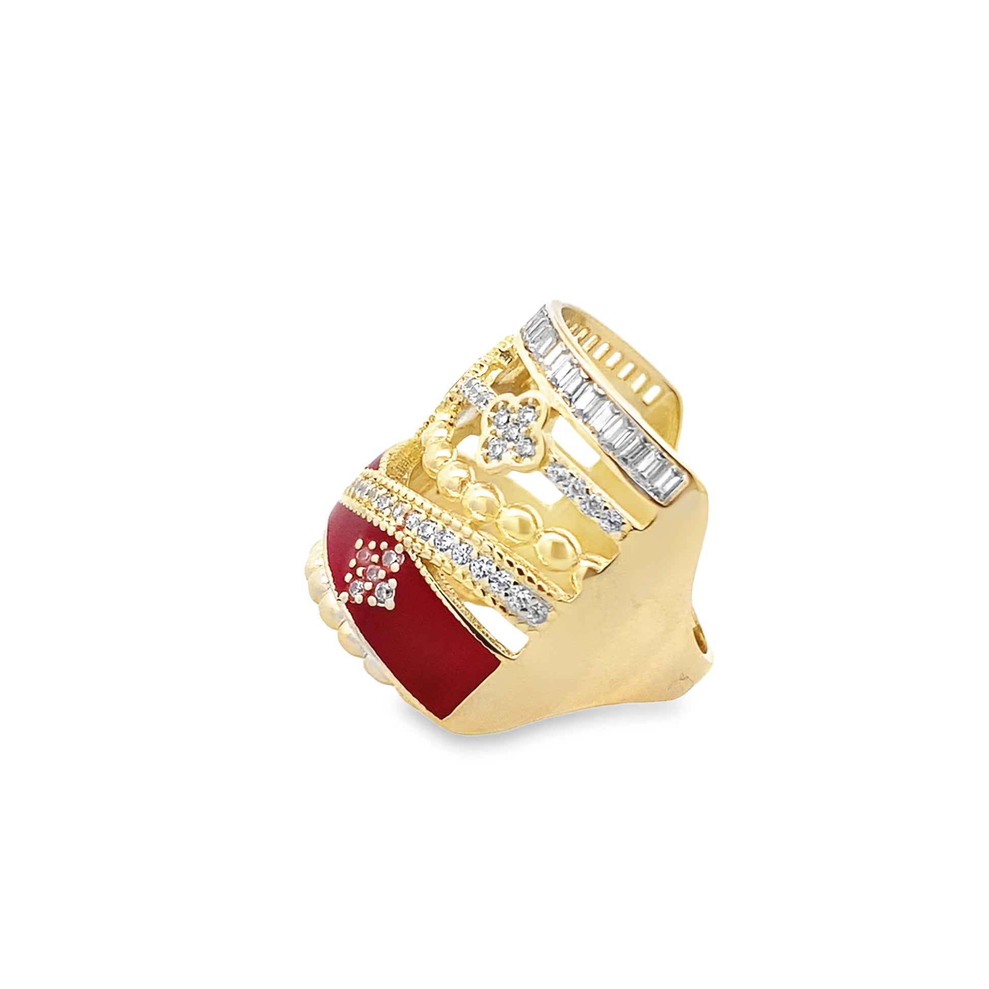 14K Yellow Gold Cz & Red Enamel Flower Fashion Ring Size 7.5 4.1Dwt