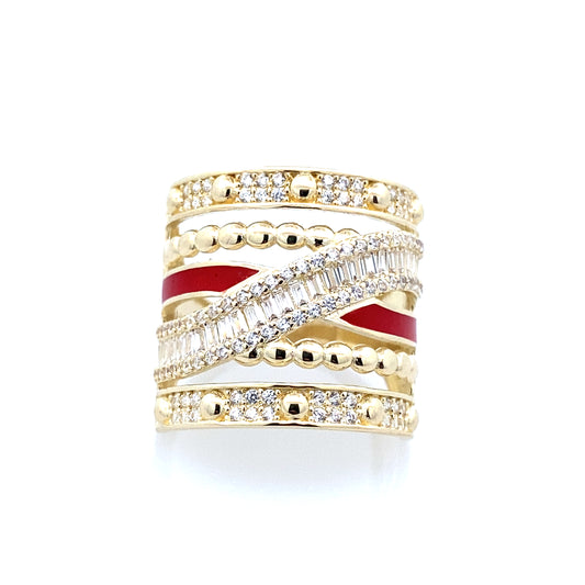14K Yellow Gold Cz & Red Enamel  Fashion Ring Size 8  3.7Dwt