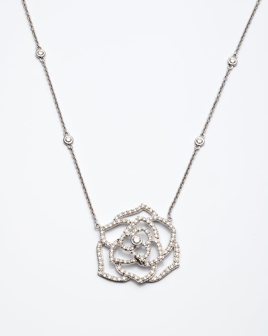 14K White Gold Diamond Station Rose Necklace 18In 2.7Dwt