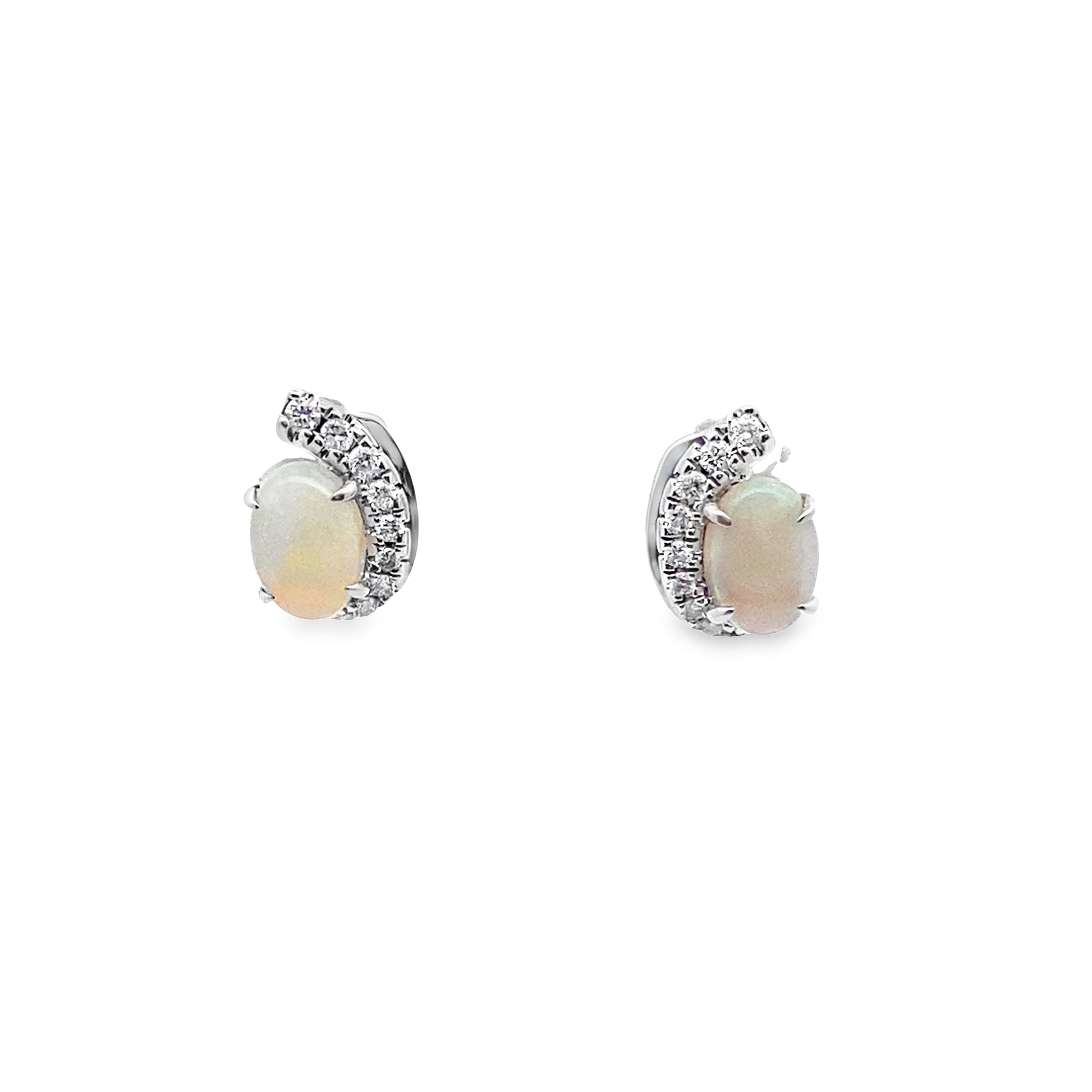 1.07 Opob/0.15Ctw Dird 14K White Gold Opal & Diamond Stud Earrings 1.1Dwt