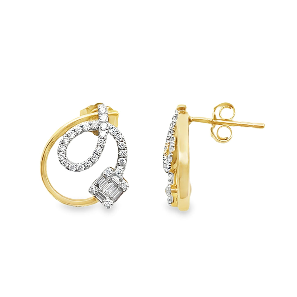 0.45Ct 14K Yellow Gold Rd/Bgt Diamond Stud Earring 1.9Dwt