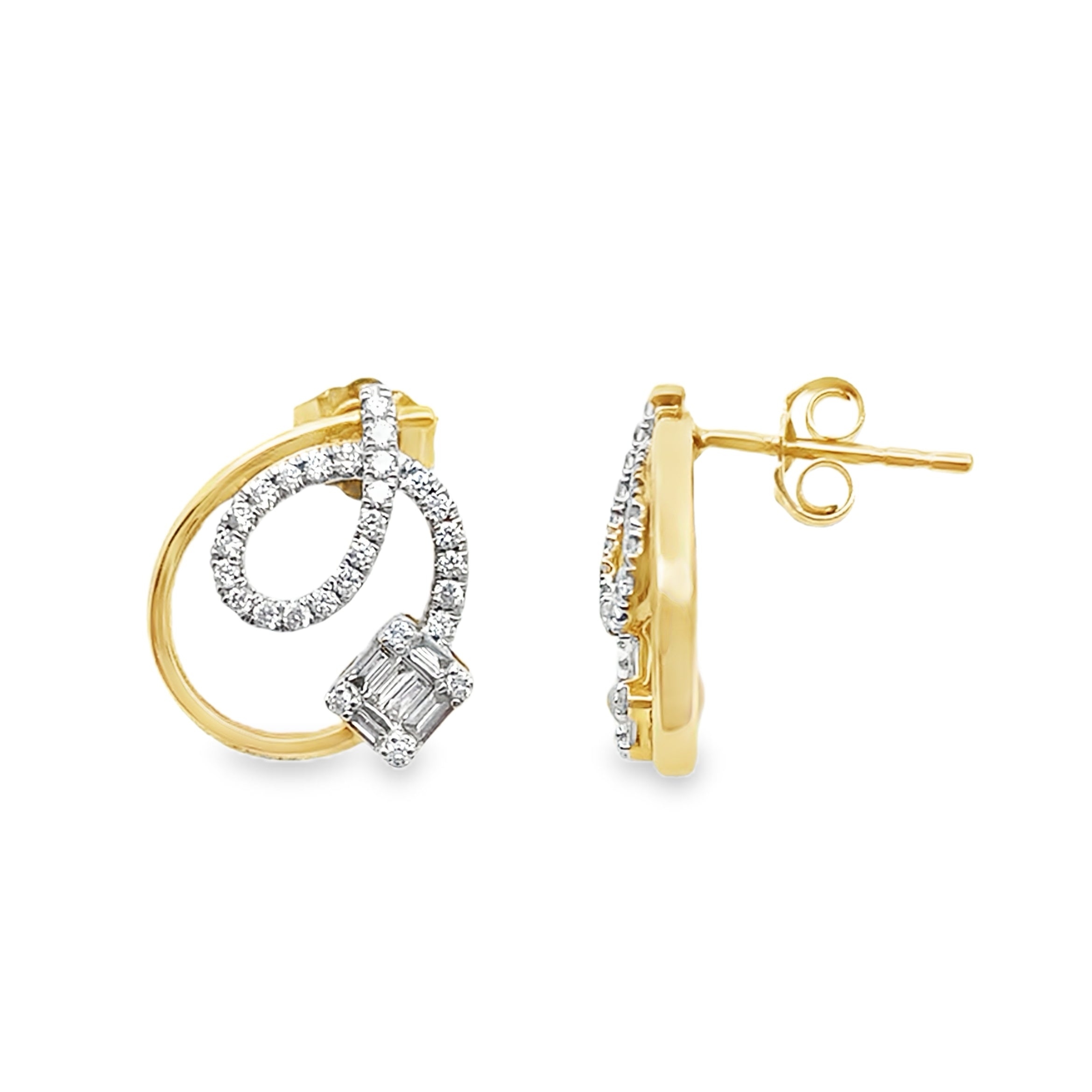 0.45Ct 14K Yellow Gold Rd/Bgt Diamond Stud Earring 1.9Dwt