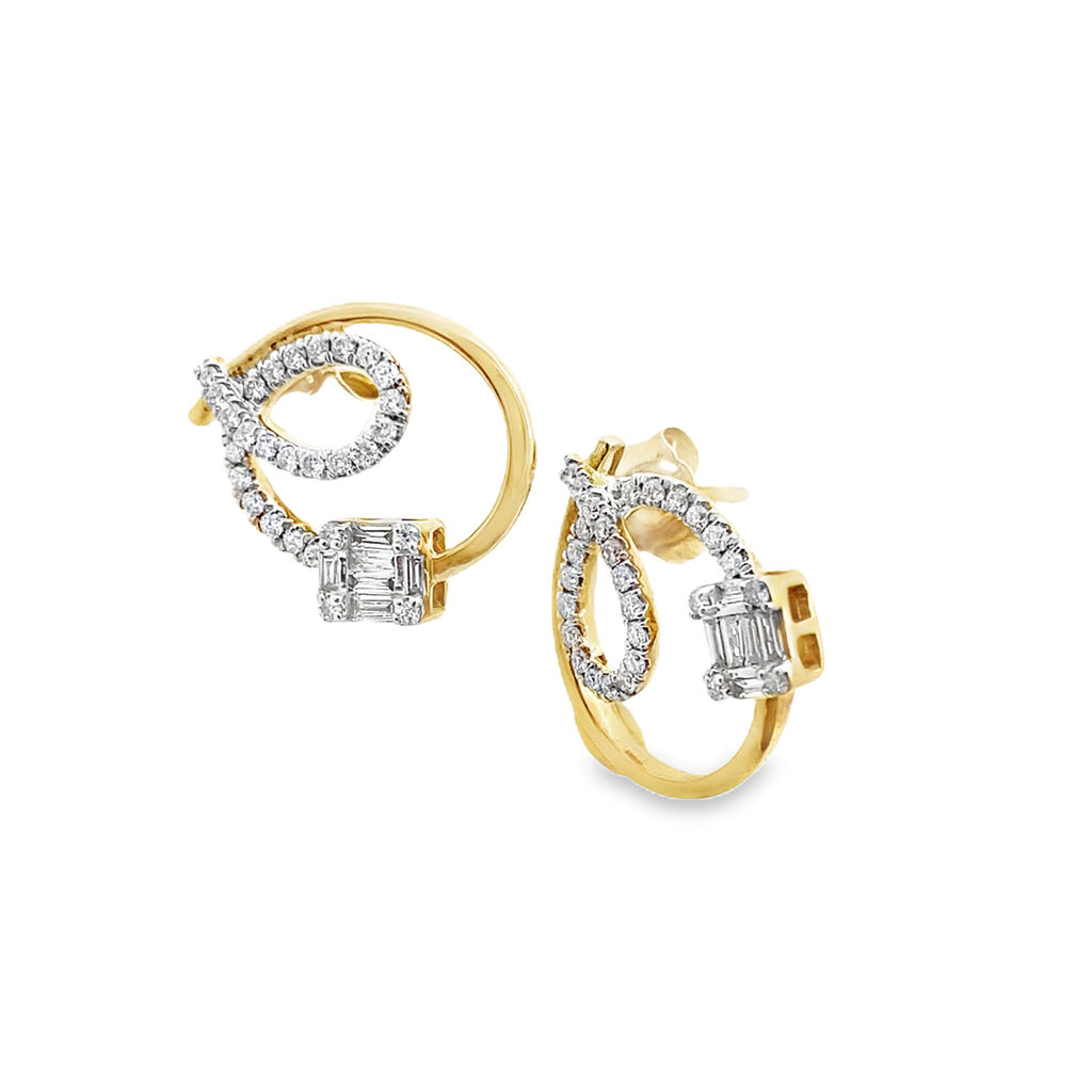 0.45Ct 14K Yellow Gold Rd/Bgt Diamond Stud Earring 1.9Dwt