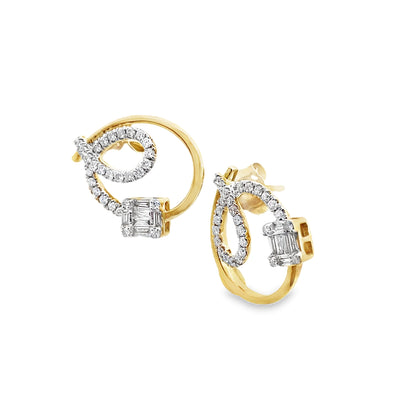 0.45Ct 14K Yellow Gold Rd/Bgt Diamond Stud Earring 1.9Dwt