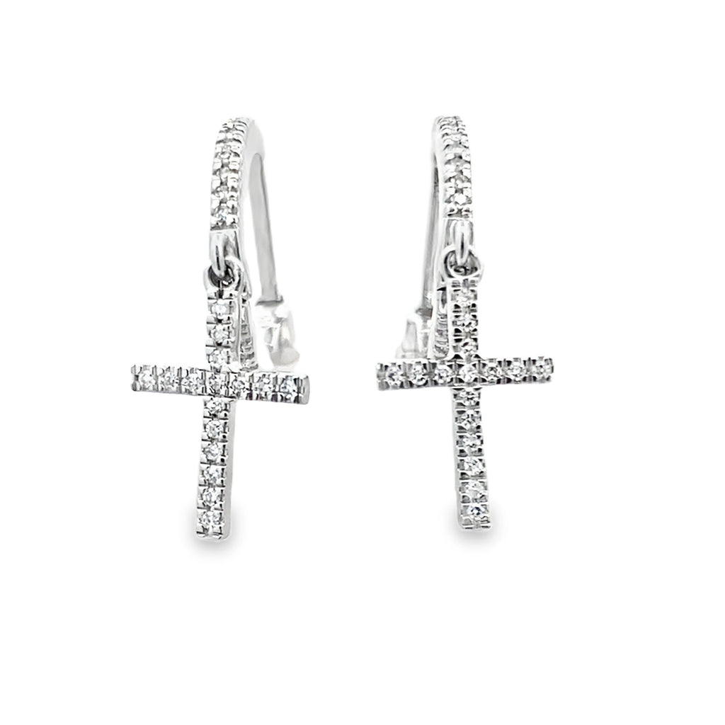 0.15Ctw 10K White Gold Diamond Cross Hoop Earring