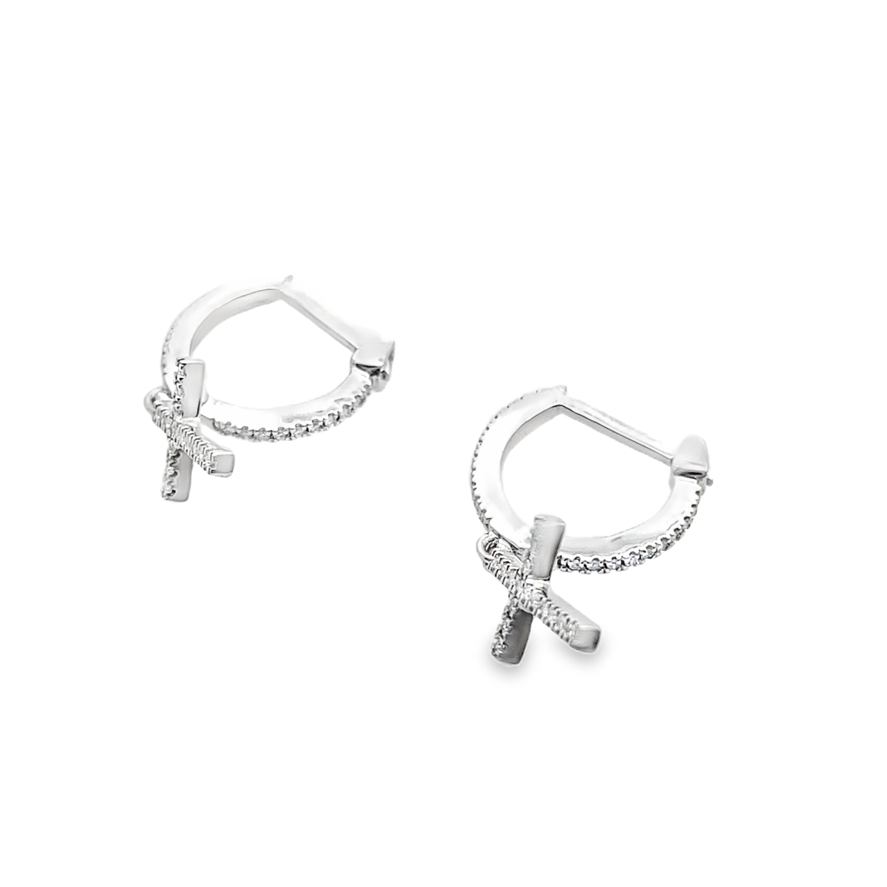 0.15Ctw 10K White Gold Diamond Cross Hoop Earring