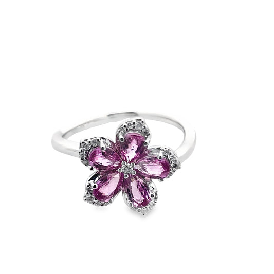 1.40Pspr/0.11Ctw Dird 14K White Gold Pink Sapphire & Dia Flower Ring Size 7 2.4Dwt