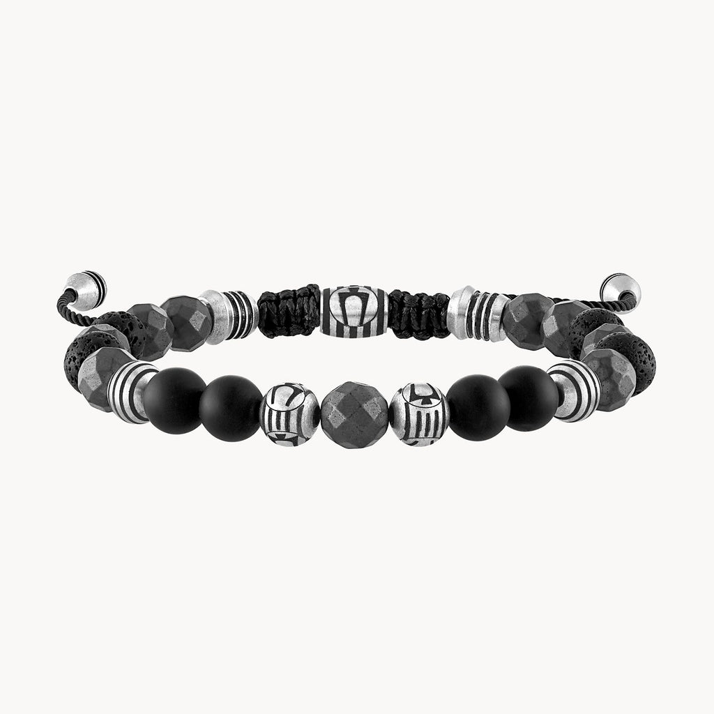 Bulova Classic Bolo Bracelet Stainless Steel With Black Cord W/ Onyx & Matte Hematite & Black Lava Beads (BVB1072-NSTMA)