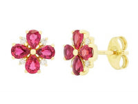0.11Ctw Diamond 1.34Ctw Ruby 14K Yellow Gold Flower Stud Earrings