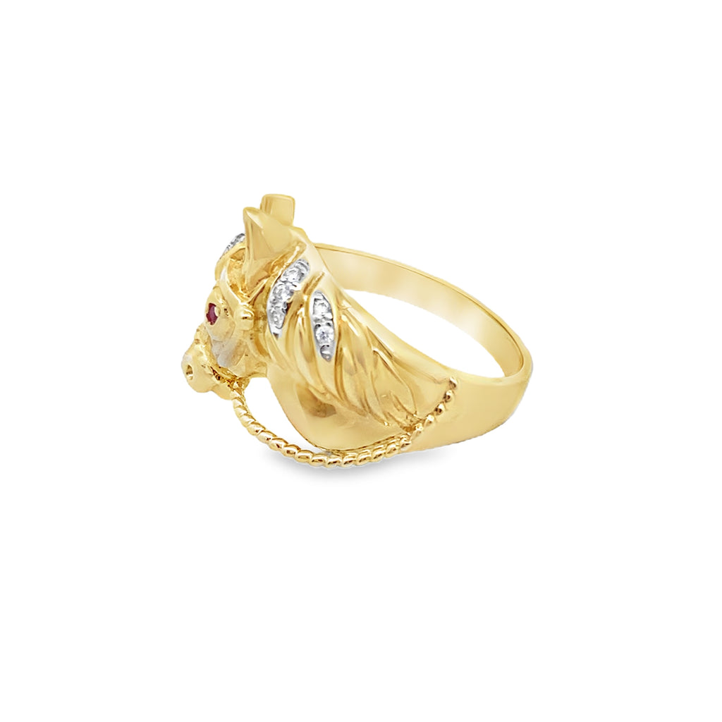 14K Yellow Gold Horse Head W/Cz Fashion Mens Ring Size 12 6.8Dwt