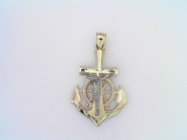 10K Yellow Gold Two Tone Anchor Crucifix Pendant 2.2Dwt