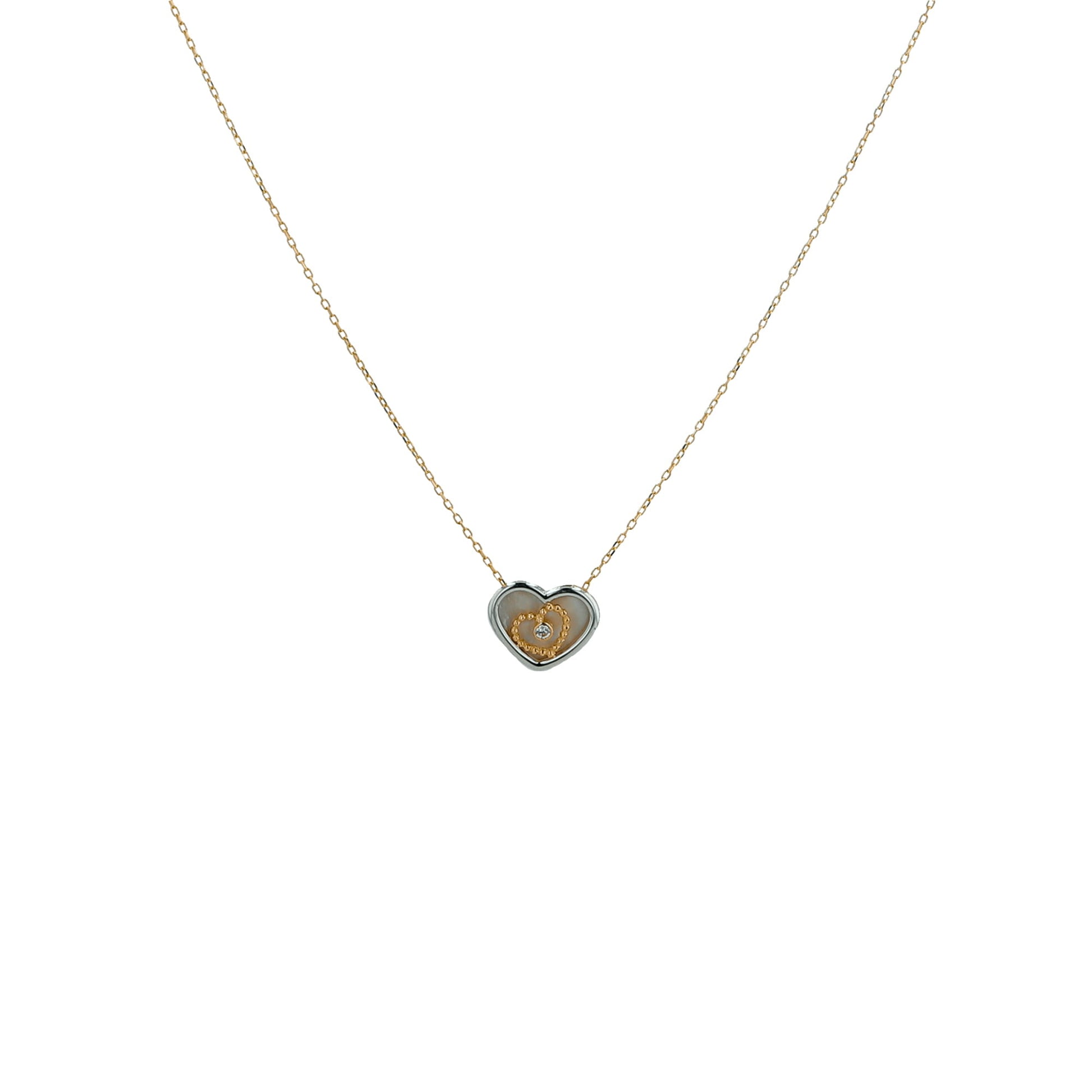 14K Two Tone Mother Of Pearl Heart Pendant Necklace 18In