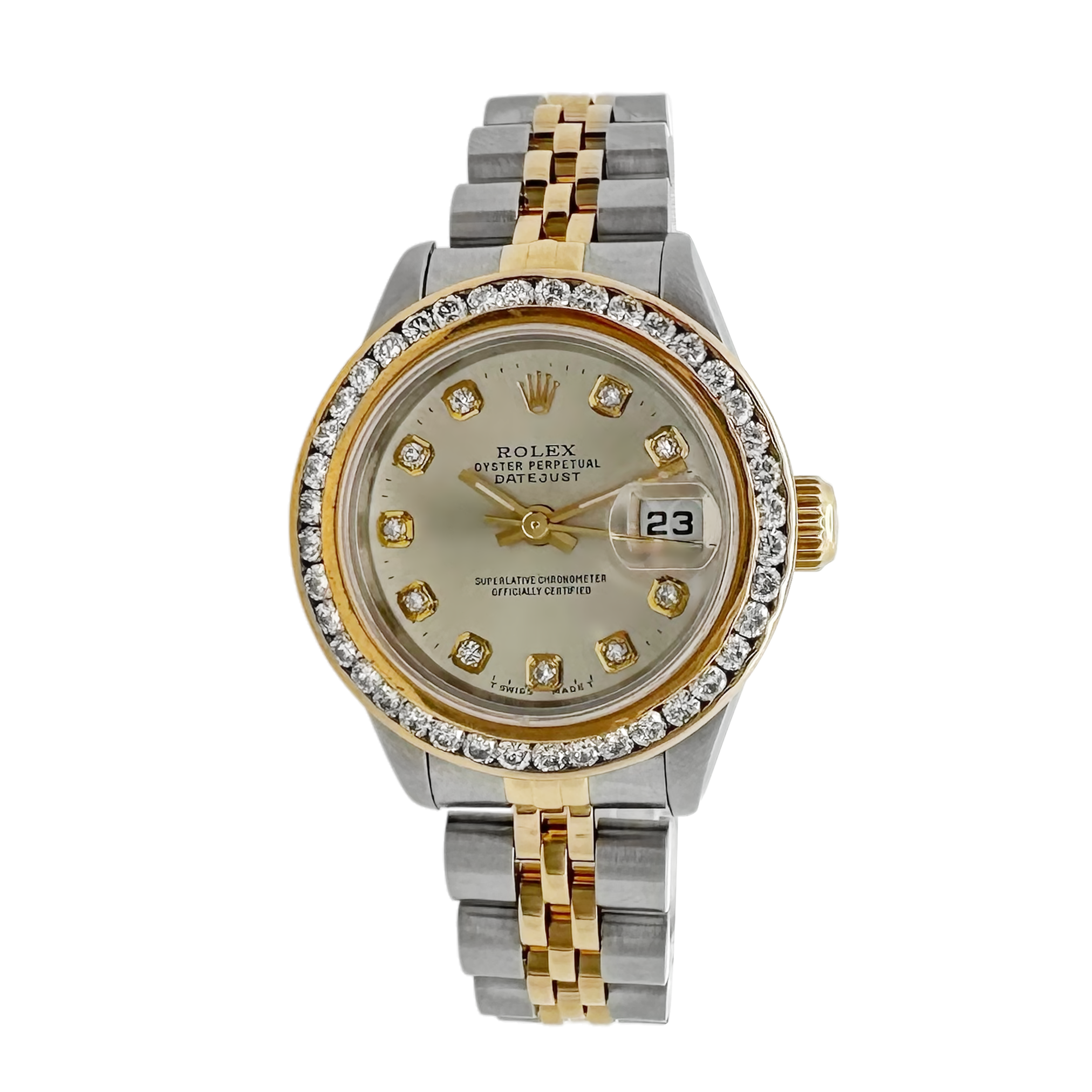Pre-Owned 1996 Rolex Datejust 26Mm 18K Stainless Steel Two Tone Watch With Diamond Dial And Diamond Bezel Model:69173
