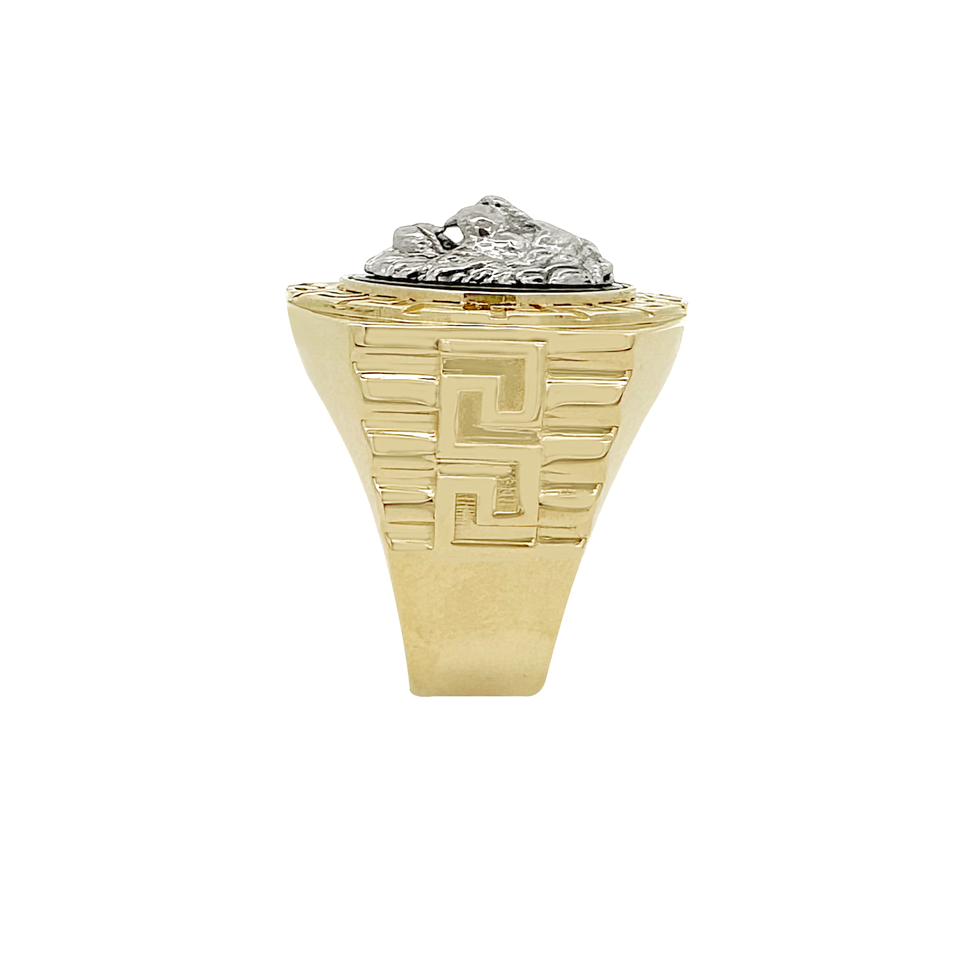 14K Yellow Gold Greek Key Onyx & Lion Face Fashion Mens Ring Size 9 6.7Dwt
