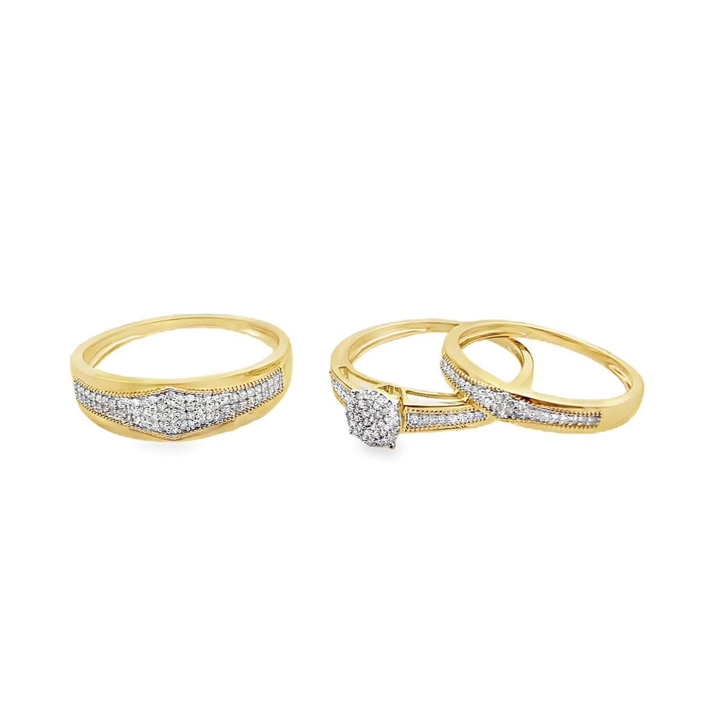 0.40Ctw 10K Yellow Gold Diamond Trio Wedding Set Size 7&10  3.3Dwt