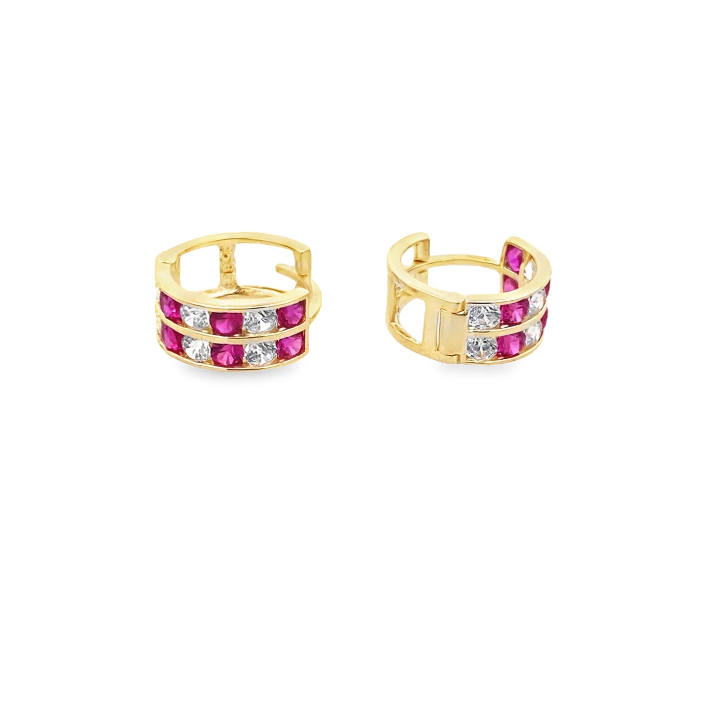 14K Yellow Gold Small Cz & Red Stone Hoop Earrings 1.3Dwt