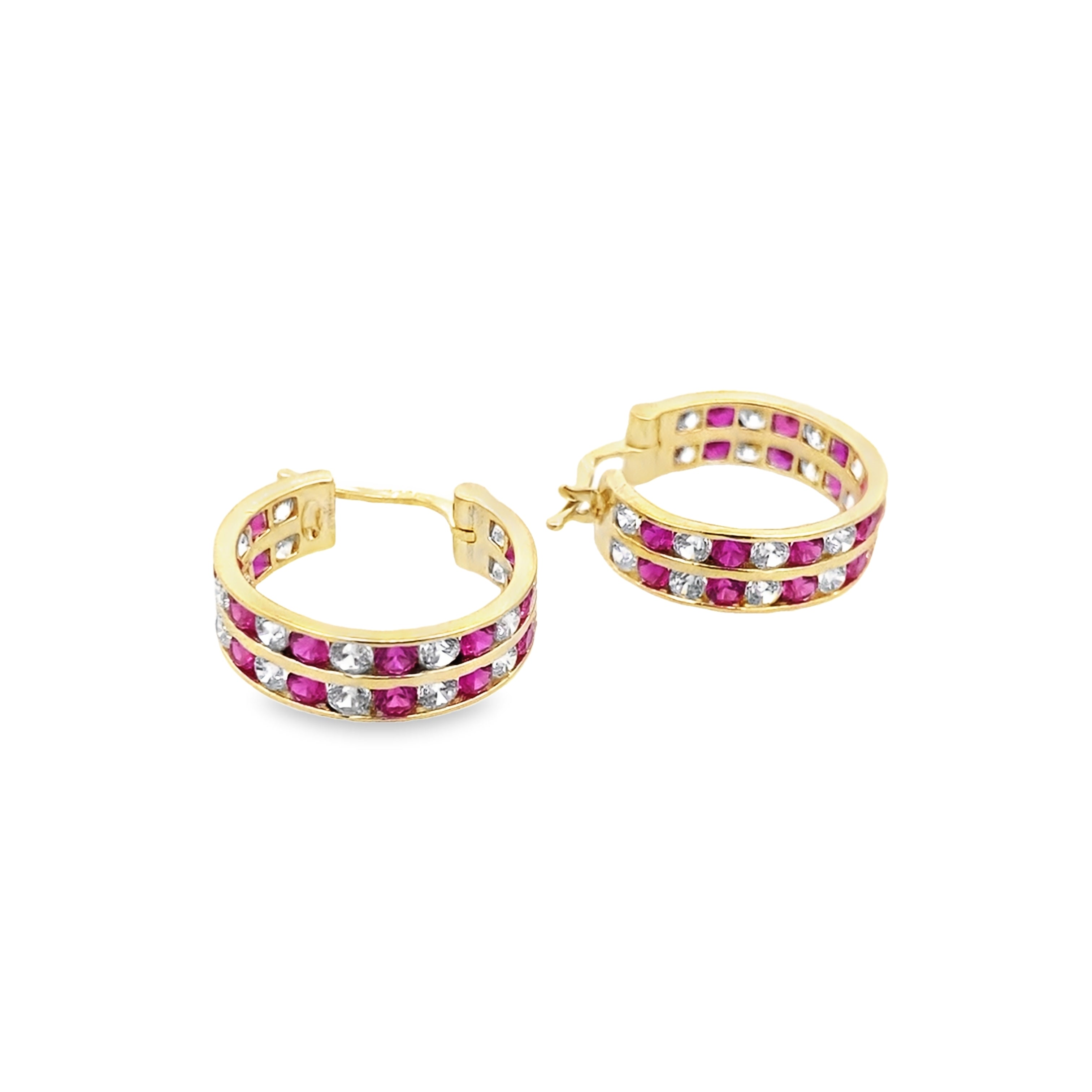 14K Yellow Gold  Cz & Red Stone Hoop Earrings 2.7Dwt